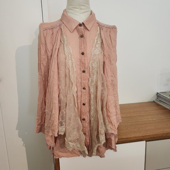 AXES FEMME Japanese Romantic boho style lace layered pink button up size med - Picture 8 of 12